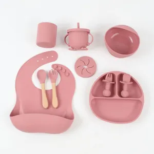 Silikon Babynahrungsset Detailansicht, rosa Lätzchen, Schale, Teller, Becher und Holzbesteck.