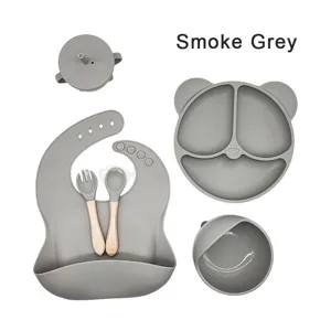 Siliconen baby voeding set 6 stuks met zuignap bord slabbetje beker lepel en vork