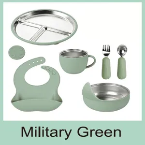 Stainless steel kids dinnerware set silicone baby feeding plate bowl cup fork spoon