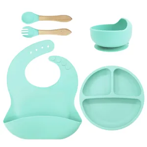 Baby silicone feeding set with suction plate bowl bib and wooden spoon fork toddler tableware