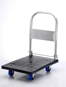 Folding platform hand truck with durable plastic deck, metal handle, and four wheels.