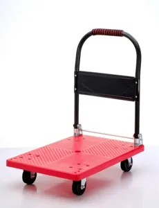 Folding platform hand truck detail, portable heavy duty push cart with 4 wheels for cargo transport.