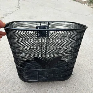 Cestino per bicicletta in metallo nero, cestino anteriore in rete metallica con farfalla