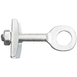 Bicycle chain adjuster detail shot, metal tensioner bolt component for rear wheel repair.