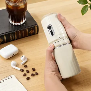 Portable electric coffee grinder, 7-setting adjustable burr mill for espresso and pour over.