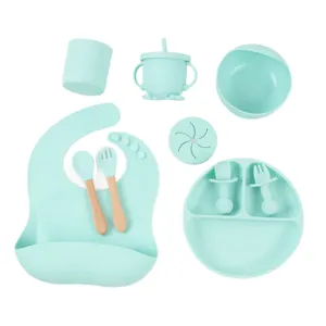 Silikon Baby Essgeschirr 10-teilig geteilter Teller Schale Löffel Gabel Lätzchen Tasse neu