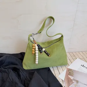 Green suede underarm shoulder bag for women, trendy minimalist hobo pillow bag with beads
