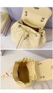Stylish yellow quilted PU leather bucket backpack with chain straps for daily wear.