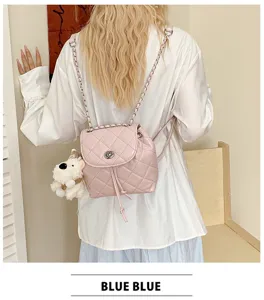 Stylish quilted chain backpack for women, trendy Korean style travel mini bag with cute doll.
