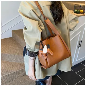 Korean style PU leather bucket bag with cute winged horse charm retro cross-body bag
