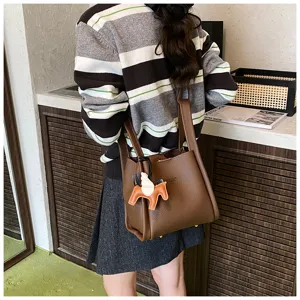 Korean style PU leather bucket bag with cute horse charm retro shoulder tote bag daily