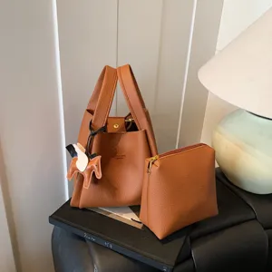 Korean Ins Style PU Leather Bucket Bag Vintage Mother Child Crossbody Bag With Pendant Women Fashion Handbag