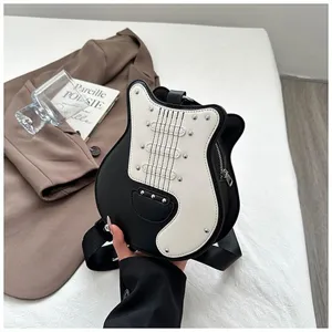 Schwarze und weiße gitarrenförmige Umhängetasche, einzigartige modische Damentasche.