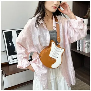 Creative guitar shaped crossbody bag for women, unique novelty shoulder bag details.