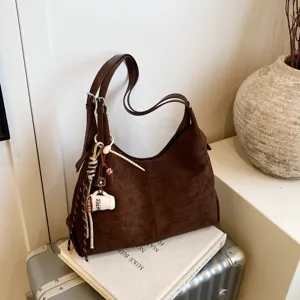Vintage brown suede shoulder bag, minimalist hobo bag with chic charm, large capacity.