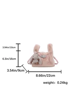 Detailed product view showing dimensions and weight of the cute pink plush rabbit ear handbag.