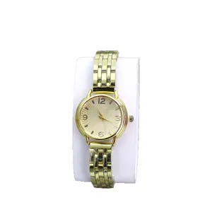 Women gold quartz watch with round sunburst dial and elegant metal strap for daily wear