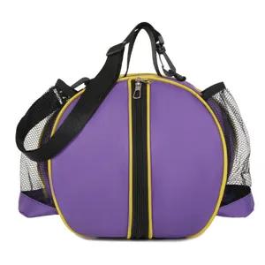 Sac de sport rond pour basket avec poches en filet, design violet et jaune pour entraînement.