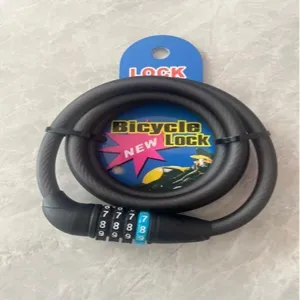 Detailed view of the 4 digit bicycle lock code mechanism and durable black steel cable design.