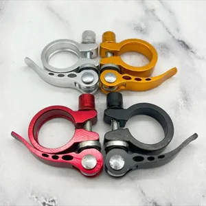 Aluminum alloy bicycle quick release seatpost clamp details, mountain and road bike fix.