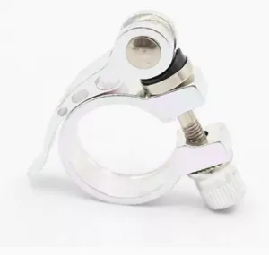 Detailed close-up of silver bicycle quick release seatpost clamp, showing metal lever and screw.