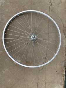 Vue détaillée de la jante de vélo en aluminium argenté avec rayons et moyeu central.