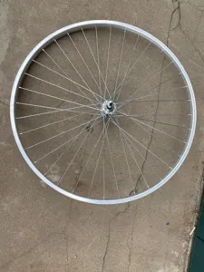 Detail de jante en aluminium pour velo, rayons et moyeu solides pour la reparation.