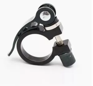 Black bicycle quick release seatpost clamp detail, durable metal mount for mountain bikes.