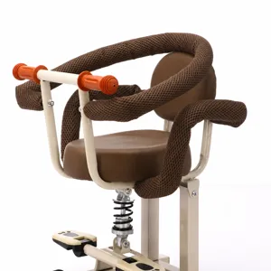 Children front bicycle seat with adjustable height, spring shock absorber, and safety strap.