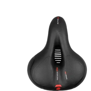 Ergonomic black bicycle saddle detail featuring ventilation zone and support zone.