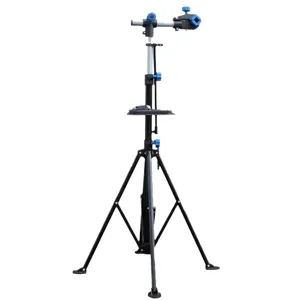 Professional bicycle repair stand work station with tool tray and adjustable clamping jaws