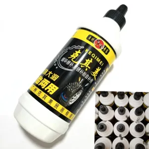 Détail du produit d'étanchéité pour pneus montrant le design de la bouteille et son stockage.