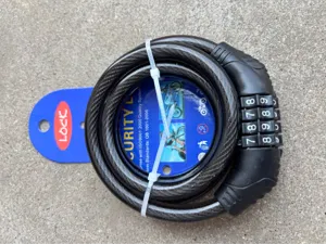Mountain bike 4-digit combination steel cable lock detail view, secure bicycle locking device.