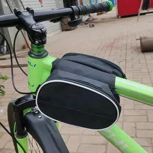 Durable black bicycle top tube bag for mountain bikes, waterproof frame storage accessory.