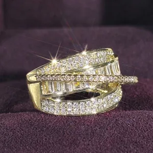 Close-up detail of a luxurious multi-strand criss-cross ring paved with sparkling cubic zirconia.