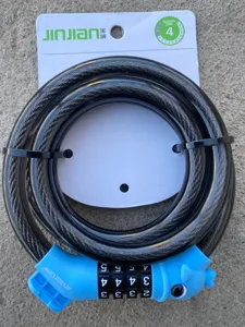 5-digit bicycle cable lock with secure combination, durable steel wire for mountain and road bikes.