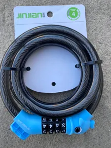 Detailed close-up of 5-digit bicycle cable lock with blue cartoon lock head and sturdy steel wire.