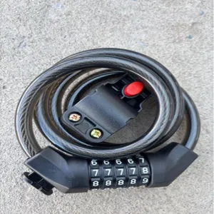 Detailed view of the bicycle cable lock mechanism, showing combination dials and mounting bracket.