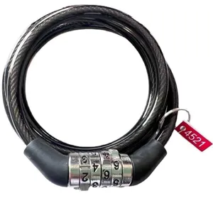 Detailed view of the 4-digit bicycle combination cable lock mechanism and steel coil.