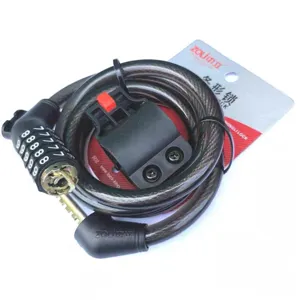 Detailed view of the 5-digit bicycle cable lock with mounting bracket and combination dial.