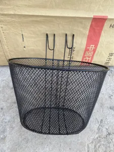 Black metal wire mesh bicycle basket with double hooks for front handlebar mounting use.