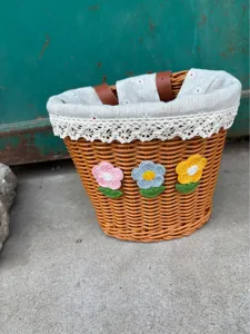 Woven bicycle basket front basket with crochet flowers cute floral storage basket for bike scooter