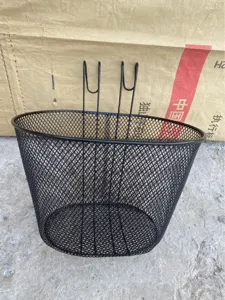 Black metal mesh bicycle basket with dual hanging hooks for front handlebar mounting.