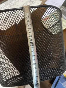 Black metal mesh storage basket wire bin detailed view showing dimensions for organization