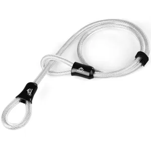 Vue détaillée de l'antivol de vélo en câble d'acier avec doubles boucles et gaine de protection.