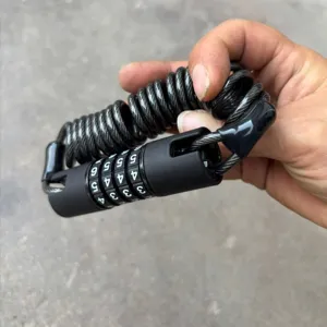 Portable 4-digit combination steel cable lock for bicycles, helmets, and electric scooters.