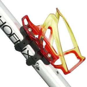 Adjustable bicycle bottle cage with punch-free mounting strap for mountain and road bikes.