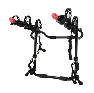 Heckklappe Fahrradträger Detail, stabiler Autoträger für Fahrräder mit Gurten und roten Knöpfen.