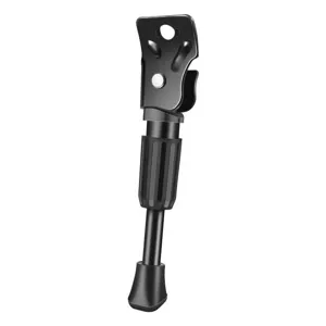 Vue détaillée de béquille de vélo noire réglable, métal durable avec pied antidérapant.