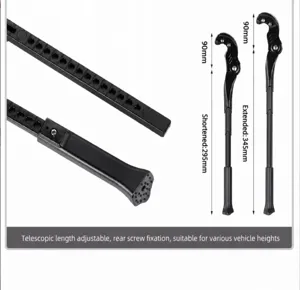 Adjustable bicycle kickstand detail view showing length dimensions and hex screw mounting.
